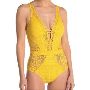 Becca Color Play Yellow Lace Plunge One-Piece Swimsuit Large NWT